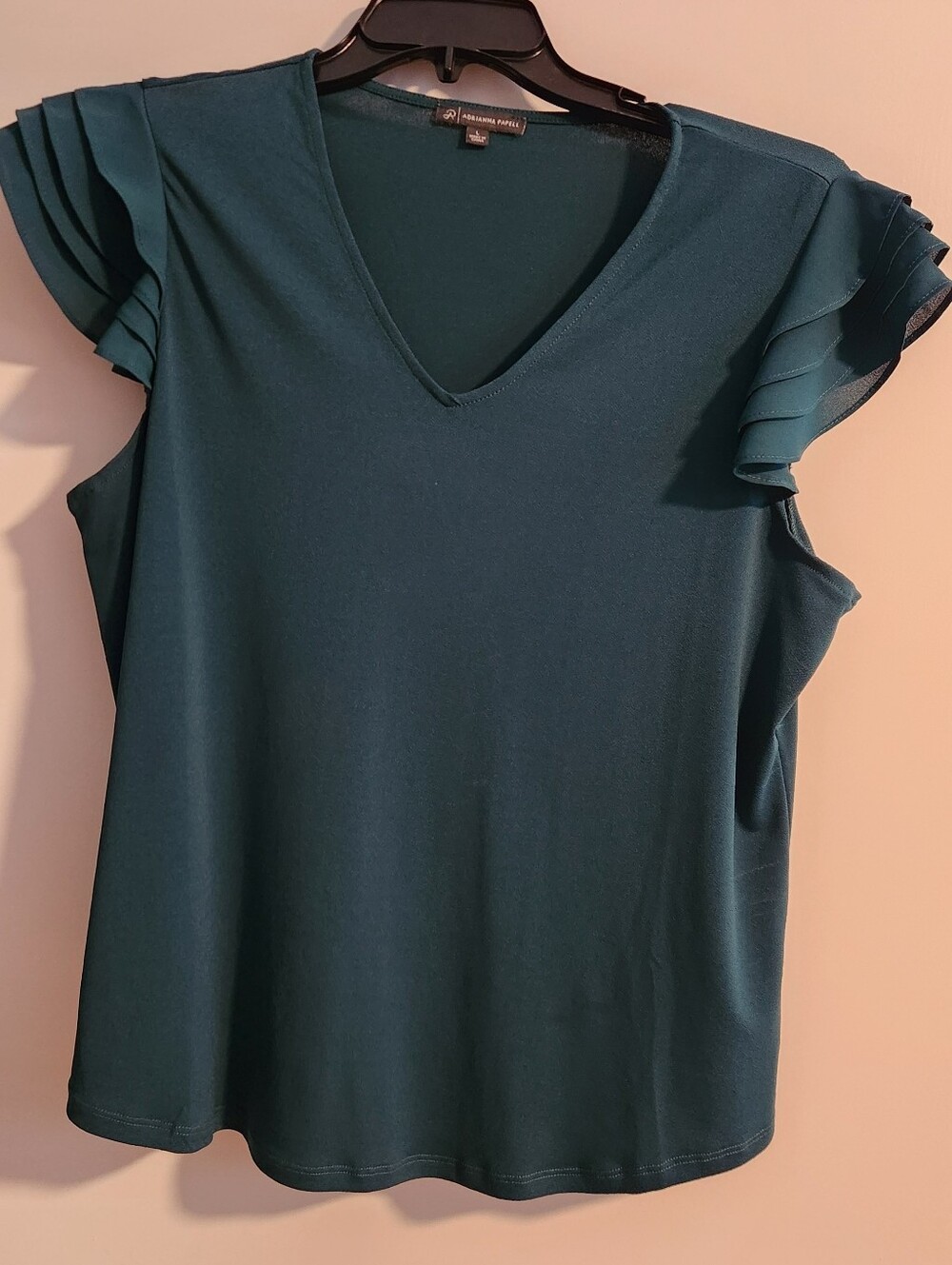 Adrianna Papell Forest Green V-Neck Ruffle Sleeve Blouse